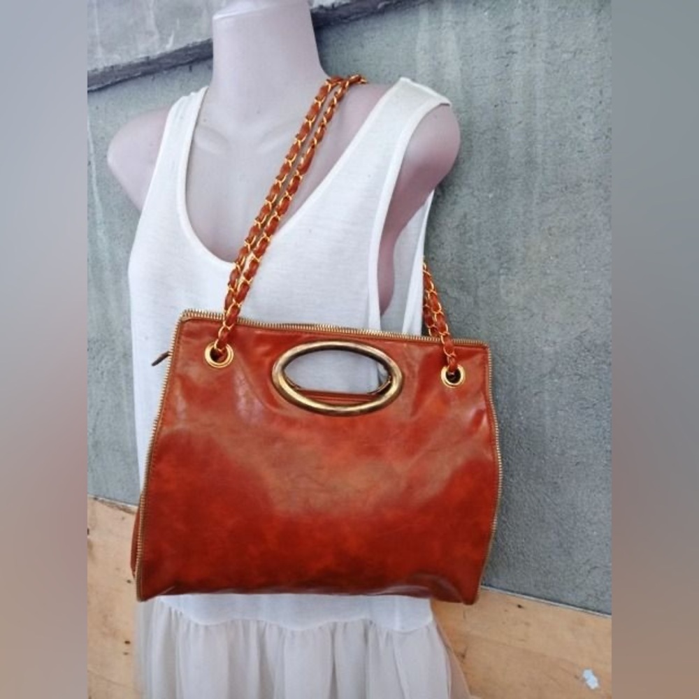 Vintage Brown Burnt Orange Zipper faux leather Crossbody Shoulder bag